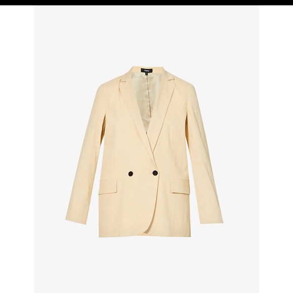 🔥THEORY Boy Double-Breasted Stretch Linen-Blend Blazer Size 6 in Oat Melange 🔥 - Picture 10 of 16